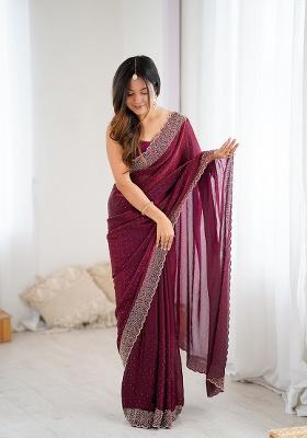 Wine Embroidered Chiffon Saree Set