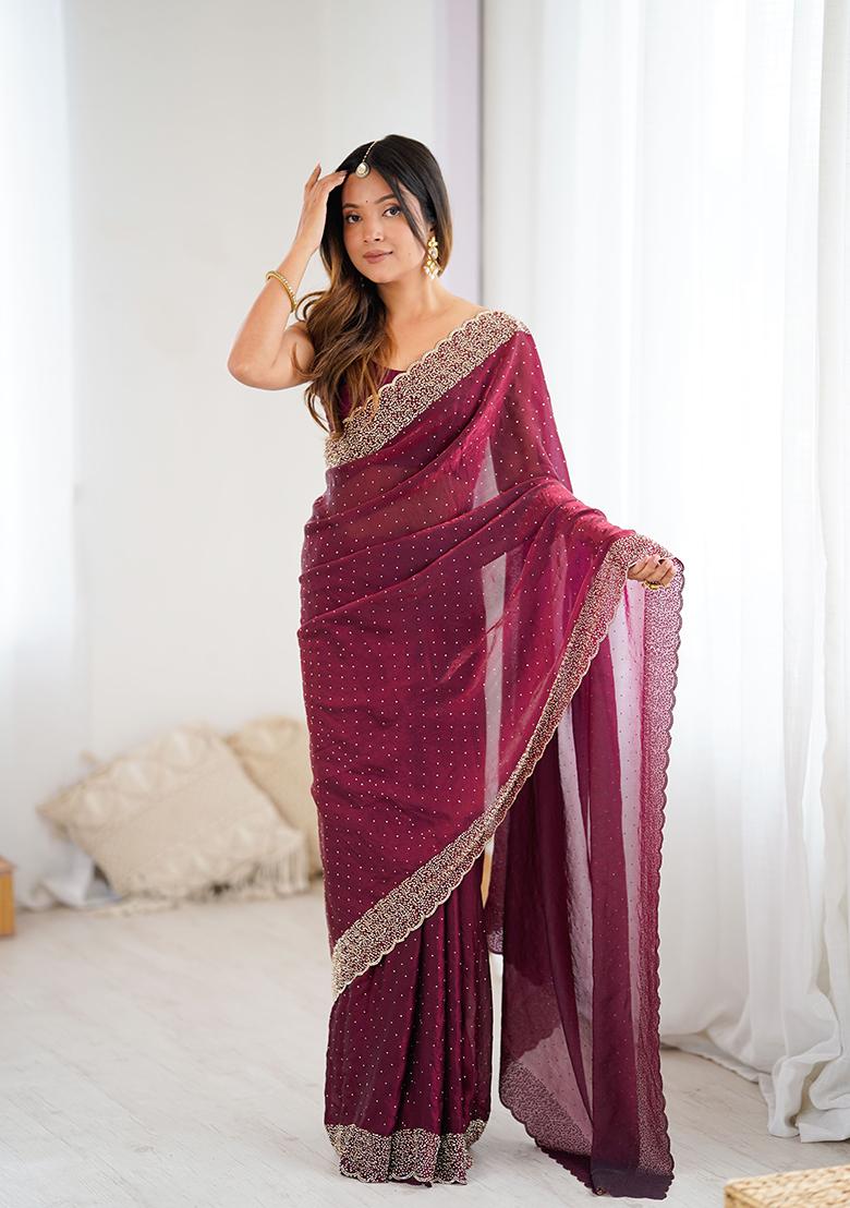 Wine Embroidered Chiffon Saree Set - Indya