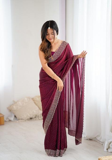 Wine Embroidered Chiffon Saree Set