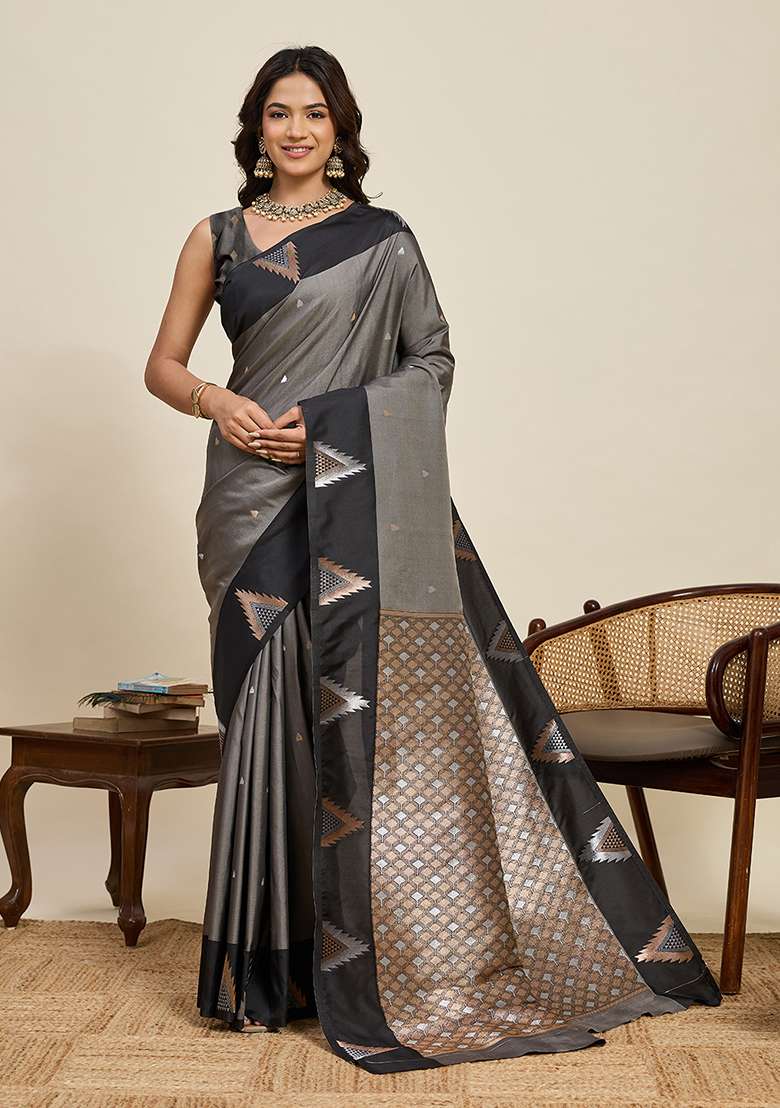 Grey Woven Silk Blend Saree Set for Diwali and Festive Wear - Indya