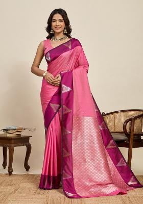 Pink Woven Silk Blend Saree Set