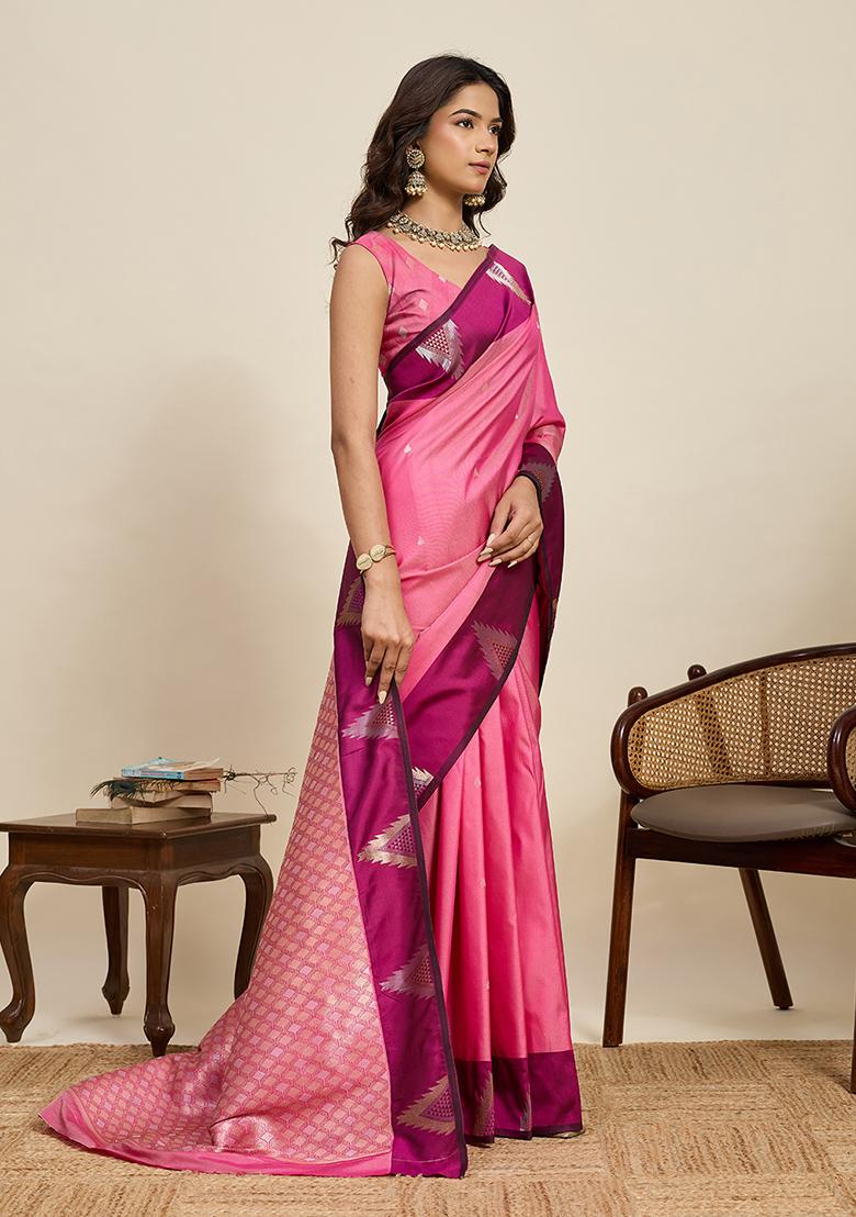 Pink Woven Silk Blend Saree Set - Indya