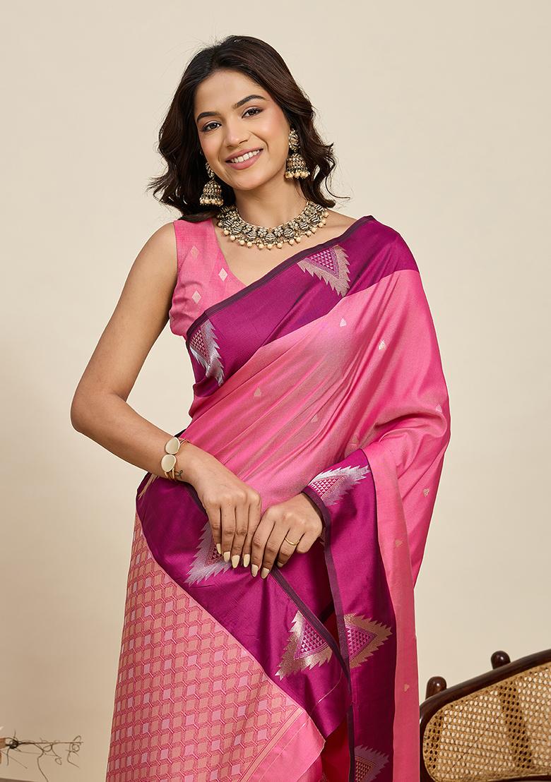 Pink Woven Silk Blend Saree Set - Indya