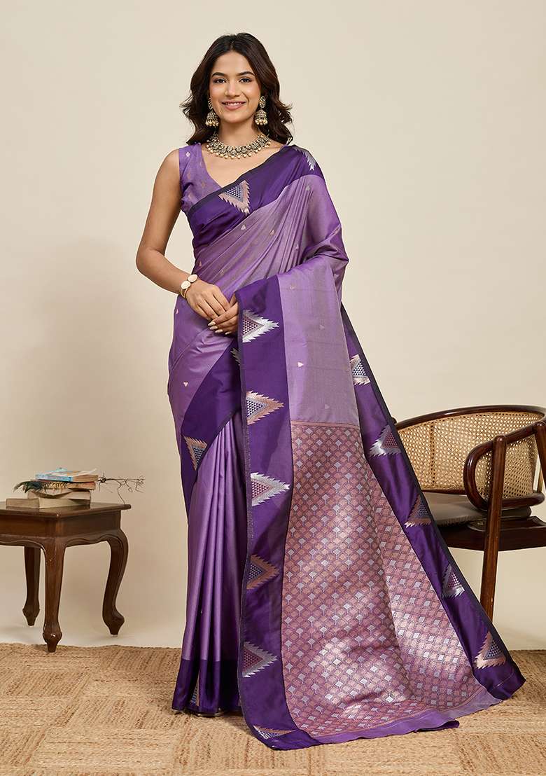 Lavender Woven Silk Blend Saree Set for Diwali and Festive Wear - Indya