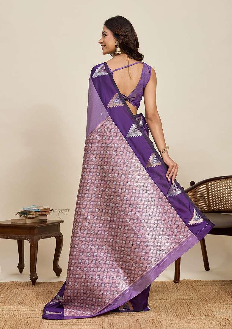 Lavender Woven Silk Blend Saree Set for Diwali and Festive Wear - Indya