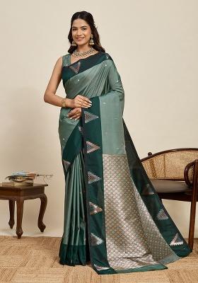Green Woven Silk Blend Saree Set