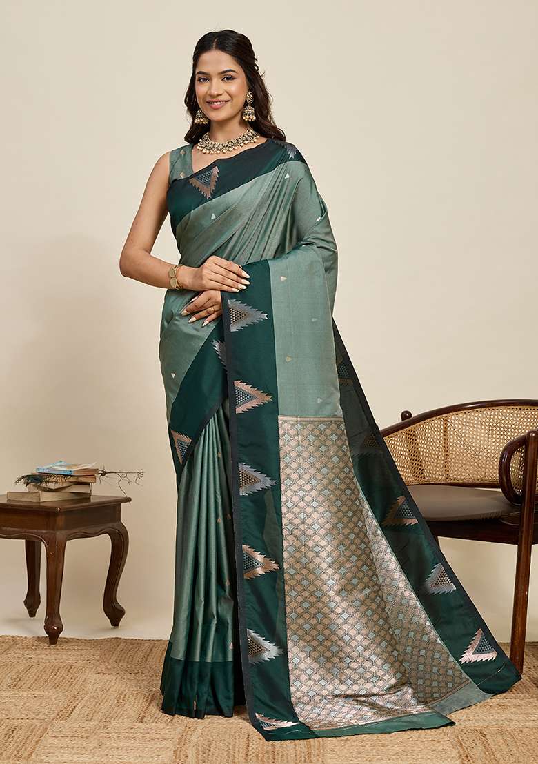 Green Woven Silk Blend Saree Set for Diwali and Festive Wear - Indya