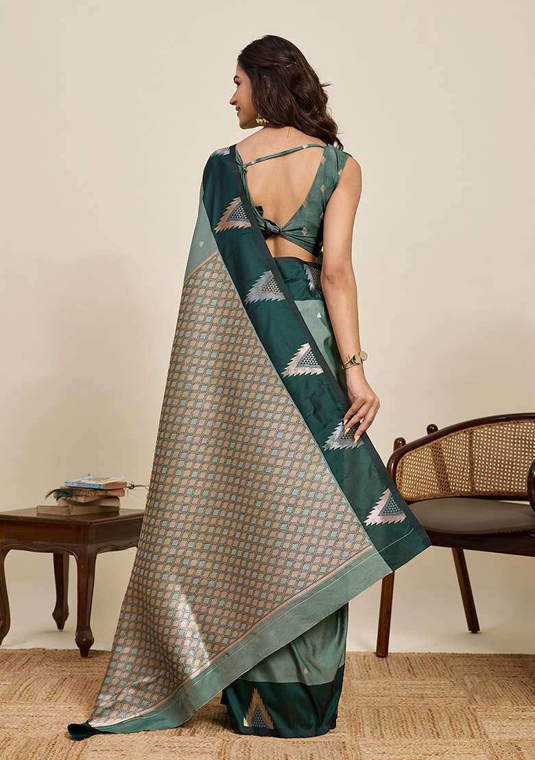 Green Woven Silk Blend Saree Set for Diwali and Festive Wear - Indya