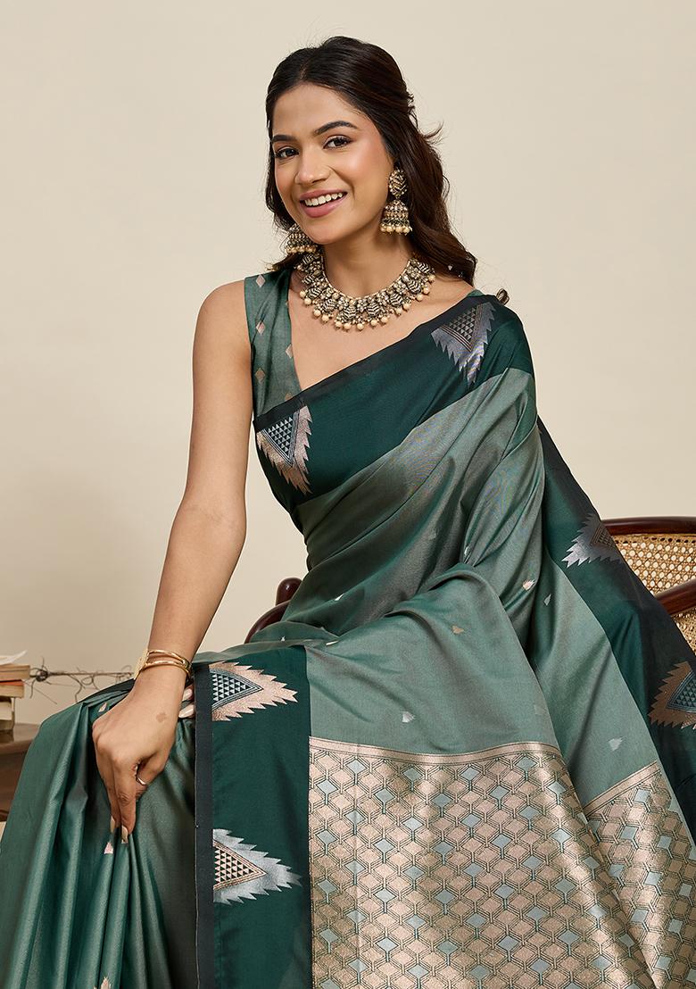 Green Woven Silk Blend Saree Set - Indya