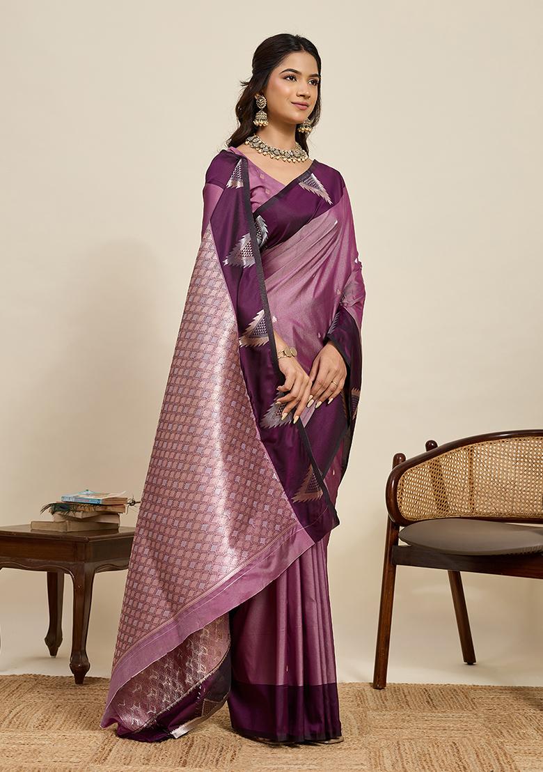 Purple Woven Silk Blend Saree Set - Indya