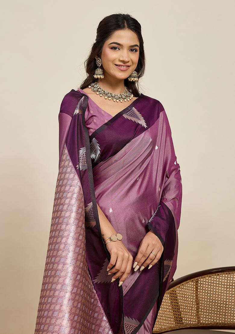 Purple Woven Silk Blend Saree Set - Indya
