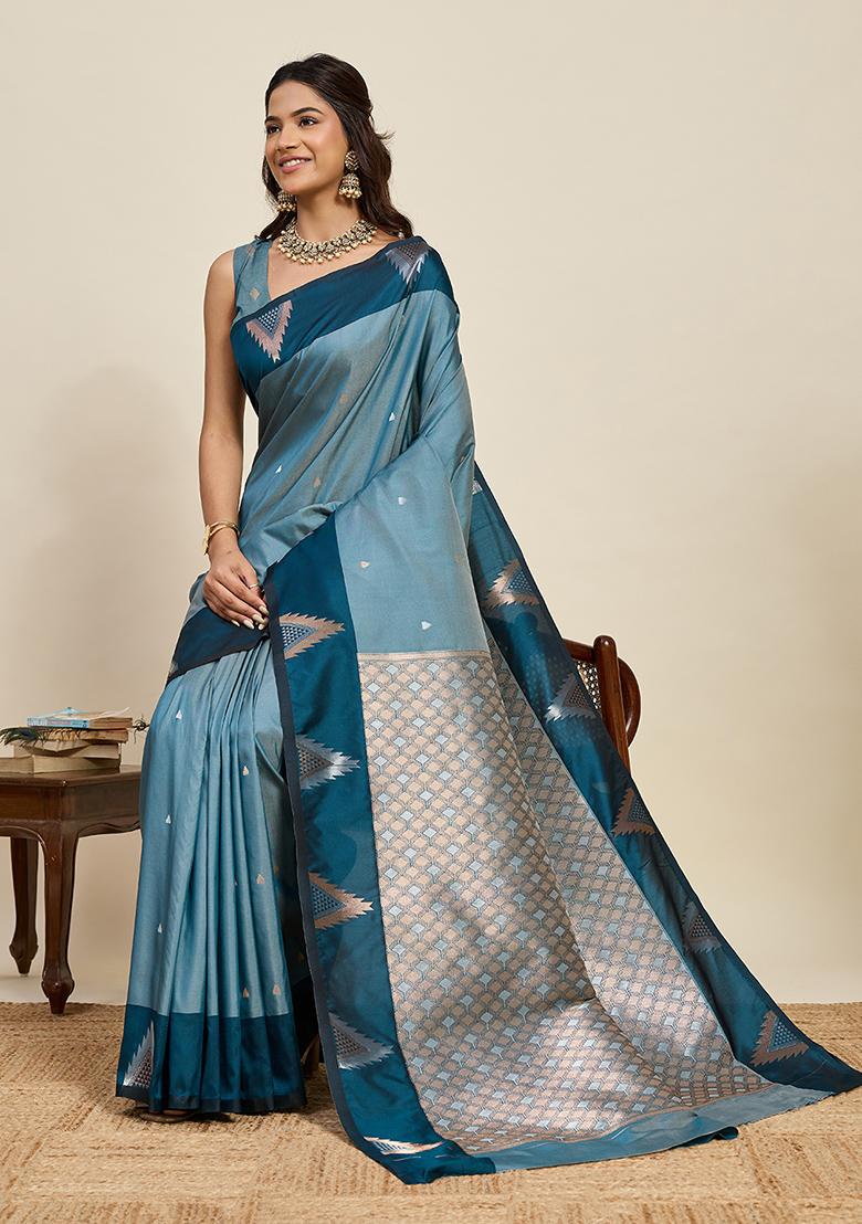 Blue Woven Silk Blend Saree Set - Indya
