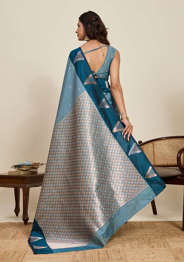 Blue Woven Silk Blend Saree Set for Diwali and Festive Wear - Indya