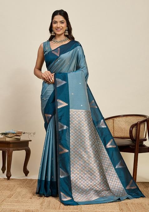 Blue Woven Silk Blend Saree Set