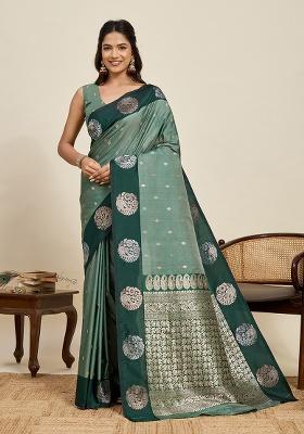 Green Woven Silk Blend Saree Set