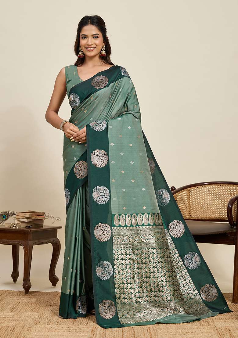 Green Woven Silk Blend Saree Set for Diwali and Festive Wear - Indya