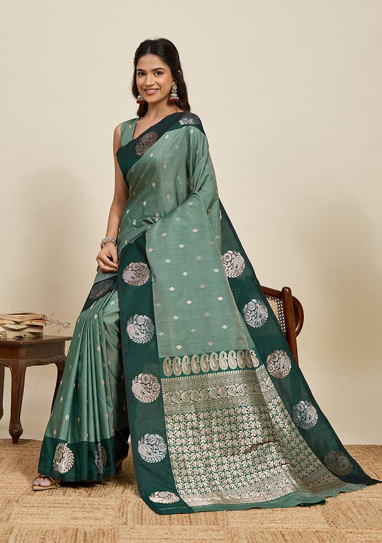 Green Woven Silk Blend Saree Set - Indya