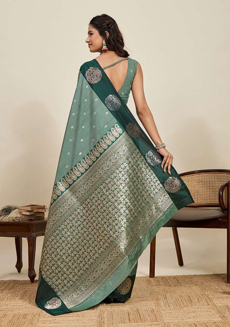 Green Woven Silk Blend Saree Set for Diwali and Festive Wear - Indya