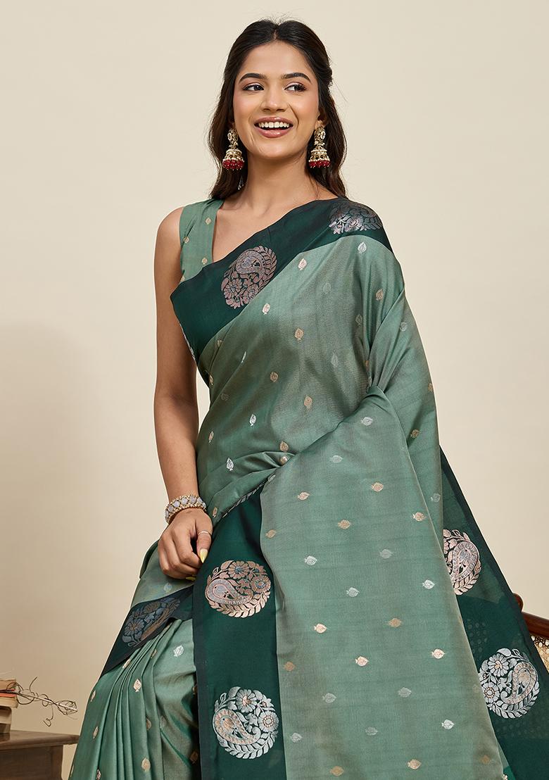 Green Woven Silk Blend Saree Set - Indya