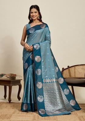 Blue Woven Silk Blend Saree Set
