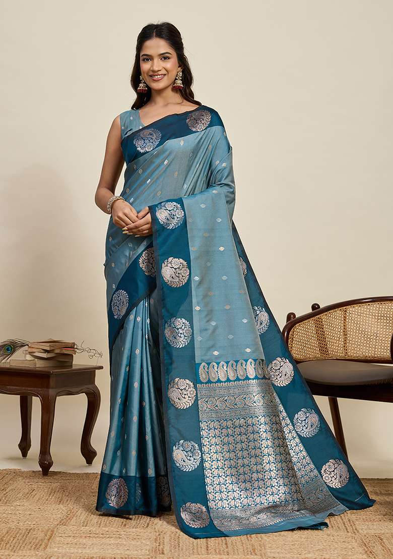 Blue Woven Silk Blend Saree Set for Diwali | Wedding & Festive Wear - Indya