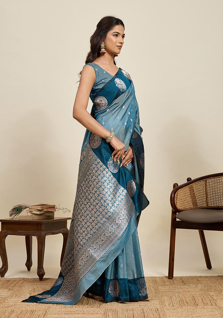 Blue Woven Silk Blend Saree Set - Indya