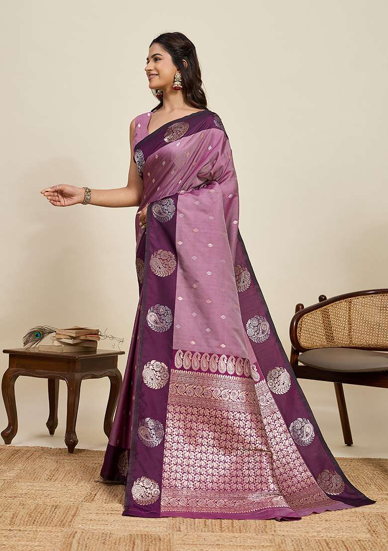 Purple Woven Silk Blend Saree Set for Diwali and Festive Wear - Indya