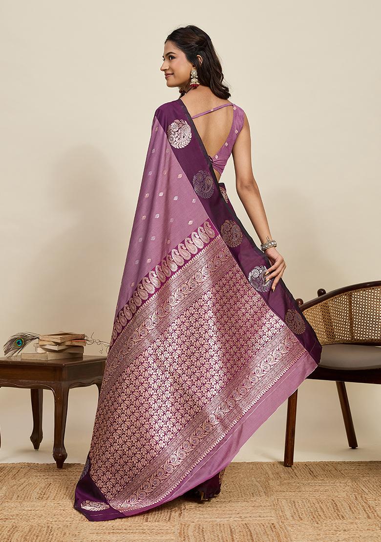Purple Woven Silk Blend Saree Set - Indya