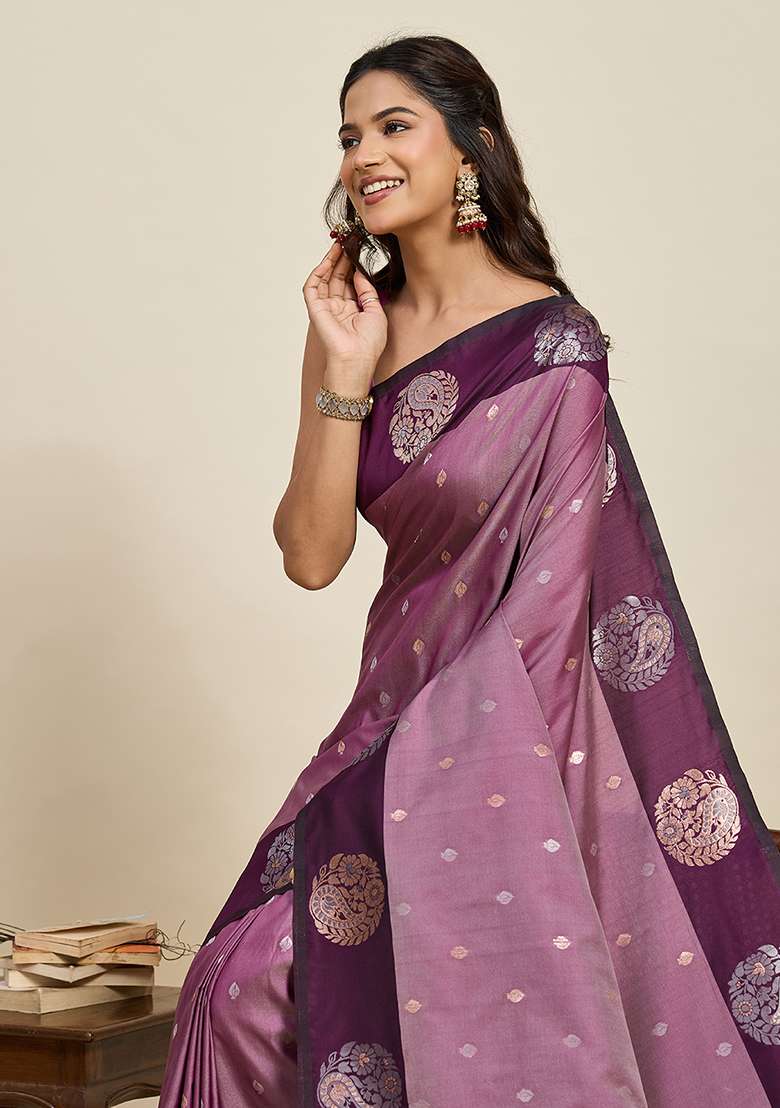 Purple Woven Silk Blend Saree Set for Diwali and Festive Wear - Indya