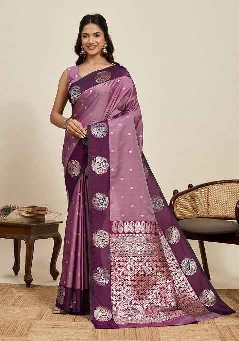 Purple Woven Silk Blend Saree Set