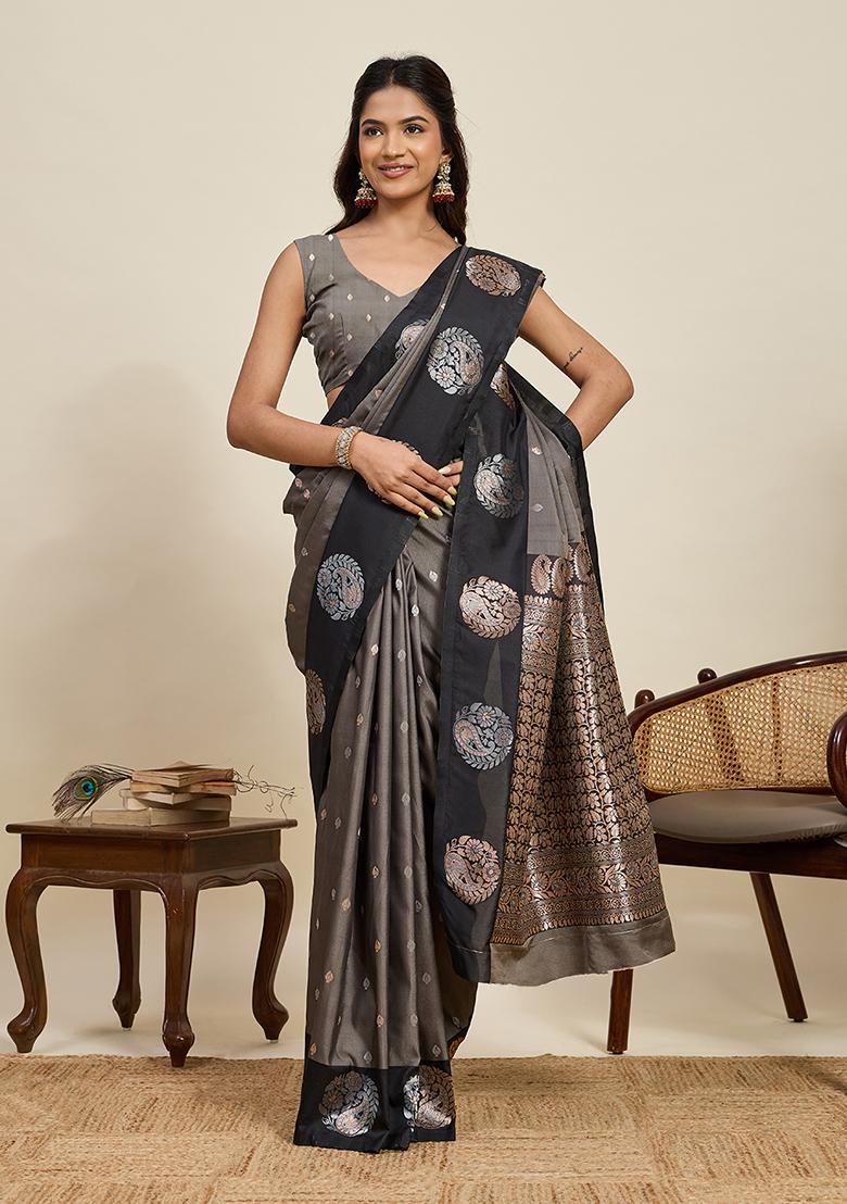 Grey Woven Silk Blend Saree Set - Indya