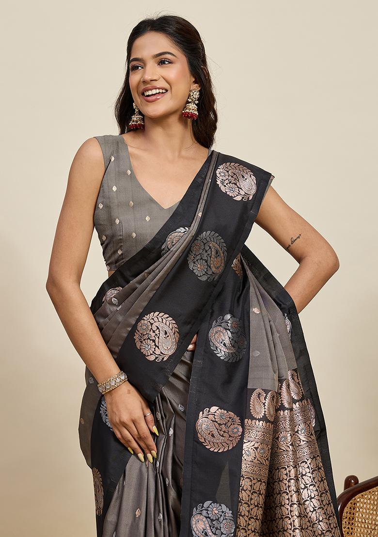 Grey Woven Silk Blend Saree Set - Indya