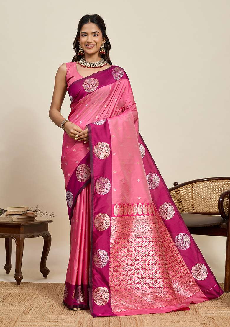 Pink Woven Silk Blend Saree Set for Diwali | Wedding & Festive Wear - Indya