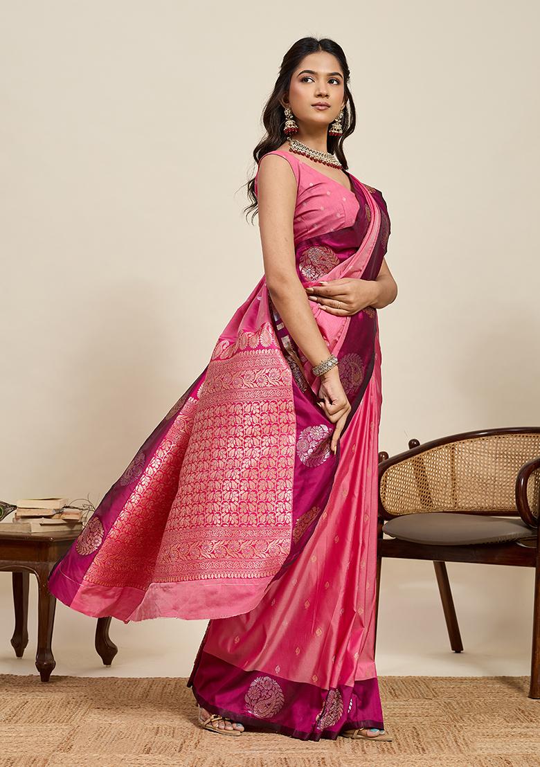 Pink Woven Silk Blend Saree Set - Indya