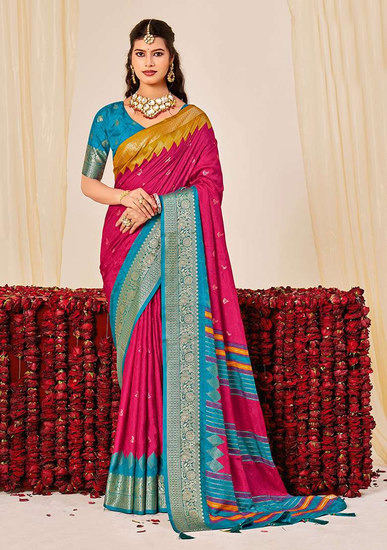 Pink Woven Silk Blend Saree Set for Diwali | Wedding & Festive Wear - Indya