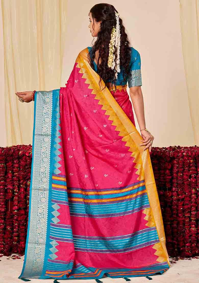 Pink Woven Silk Blend Saree Set - Indya