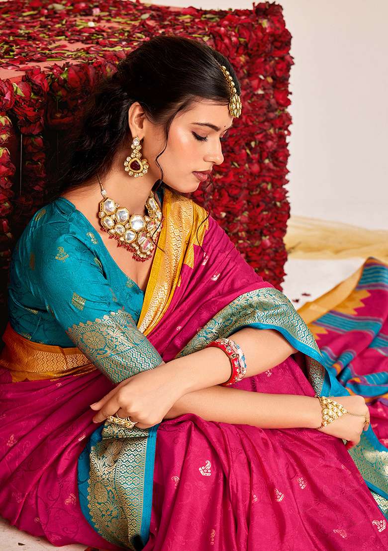 Pink Woven Silk Blend Saree Set for Diwali | Wedding & Festive Wear - Indya