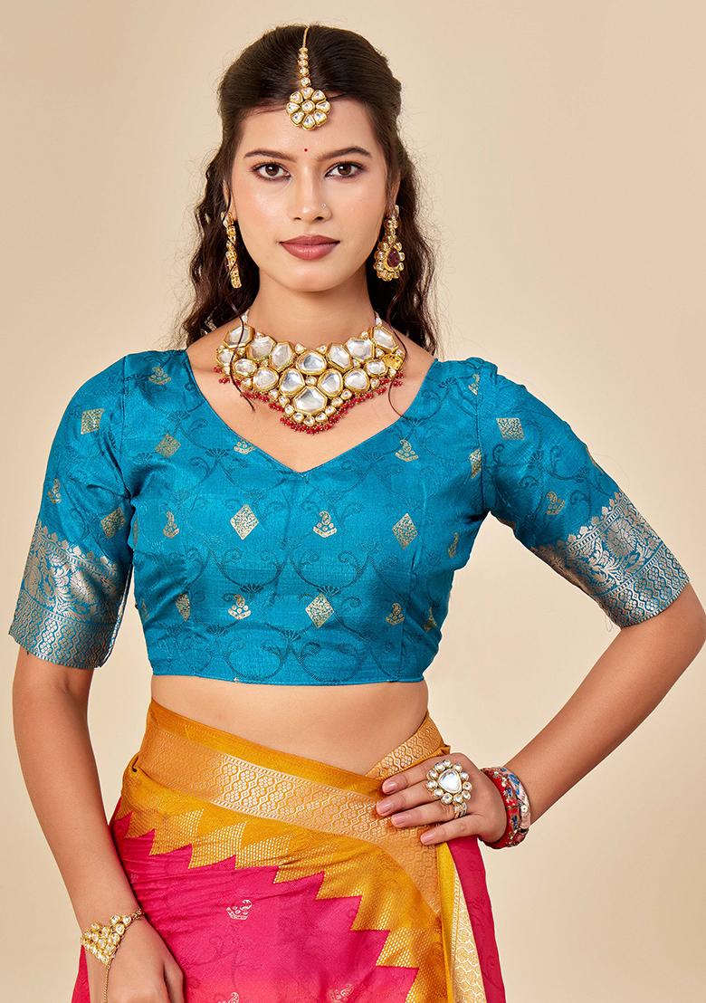 Pink Woven Silk Blend Saree Set - Indya