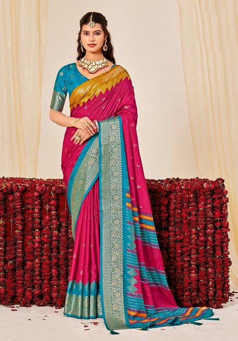 Pink Woven Silk Blend Saree Set