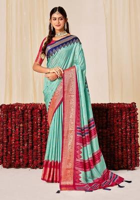 Sky Blue Woven Silk Blend Saree Set