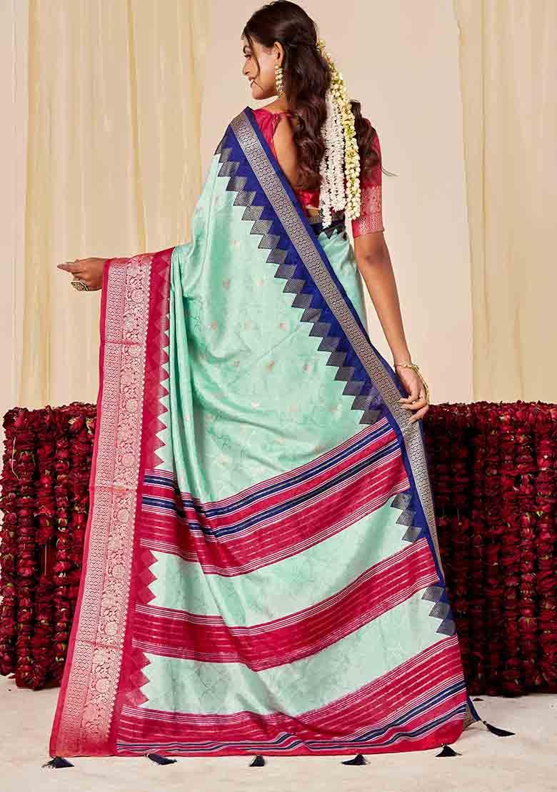Sky Blue Woven Silk Blend Saree Set - Indya