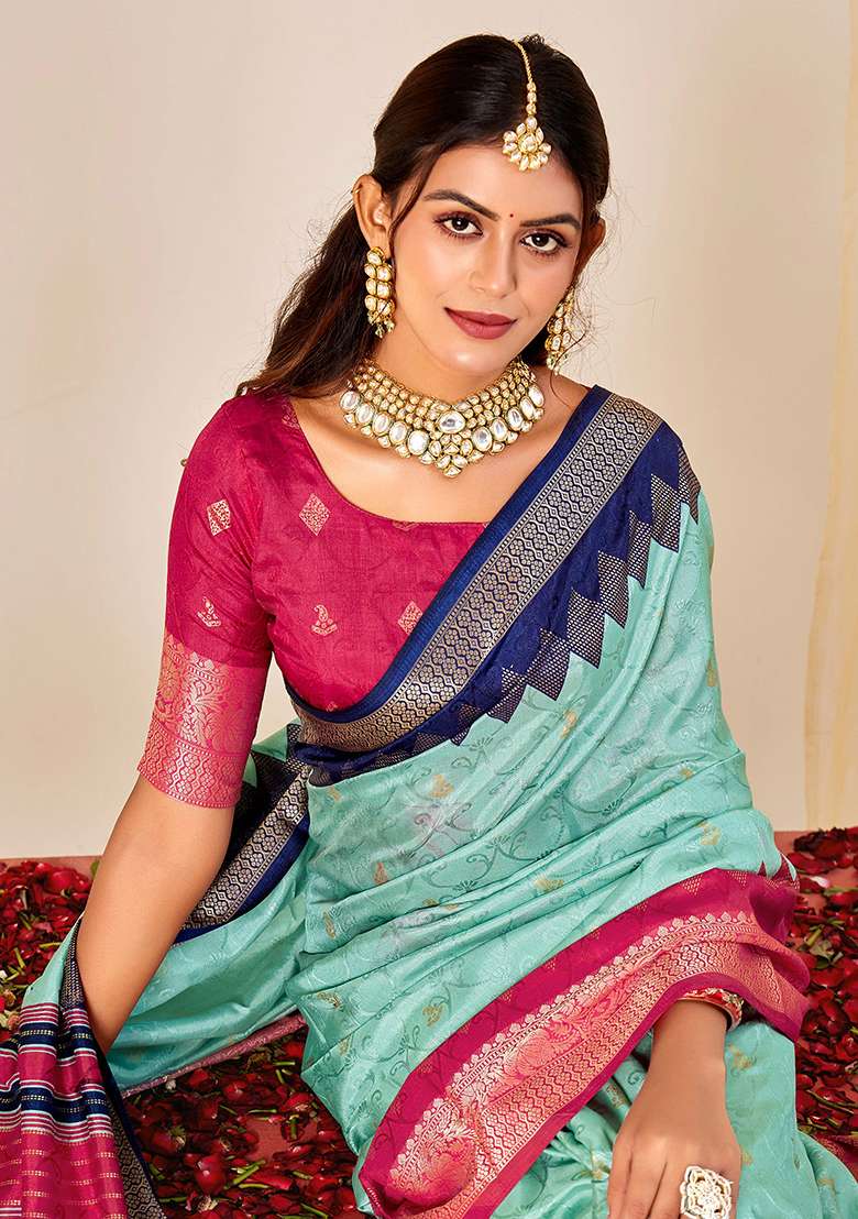 Sky Blue Woven Silk Blend Saree Set for Diwali | Wedding & Festive Wear - Indya