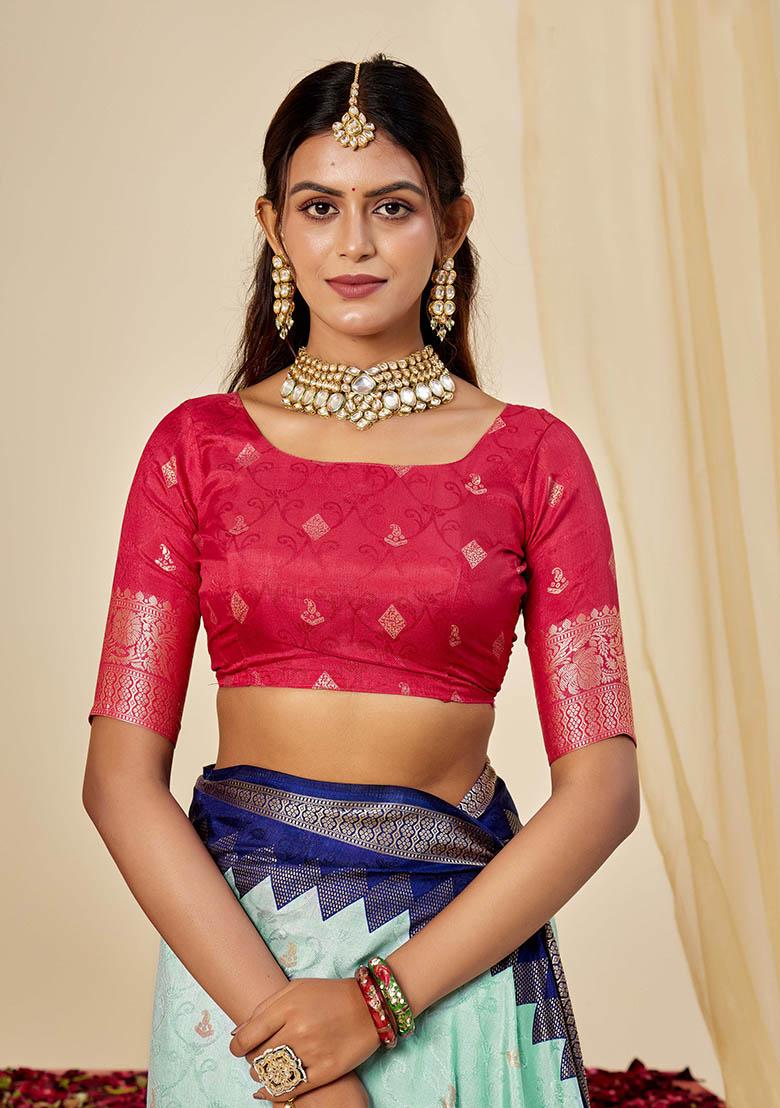 Sky Blue Woven Silk Blend Saree Set - Indya