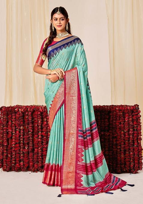 Sky Blue Woven Silk Blend Saree Set