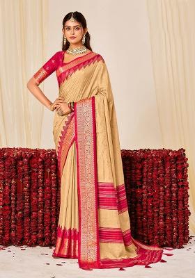 Beige Woven Silk Blend Saree Set