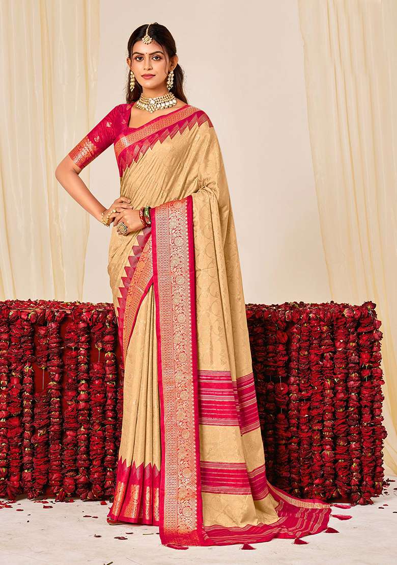 Beige Woven Silk Blend Saree Set for Diwali | Wedding & Festive Wear - Indya