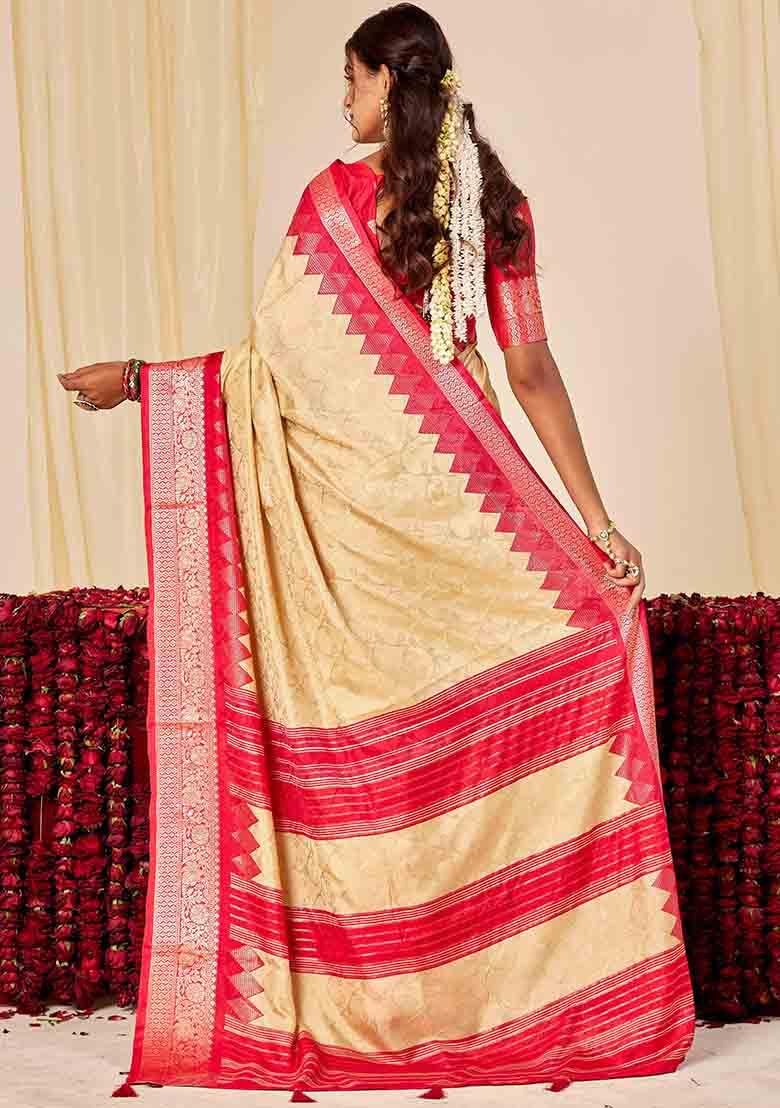 Beige Woven Silk Blend Saree Set - Indya