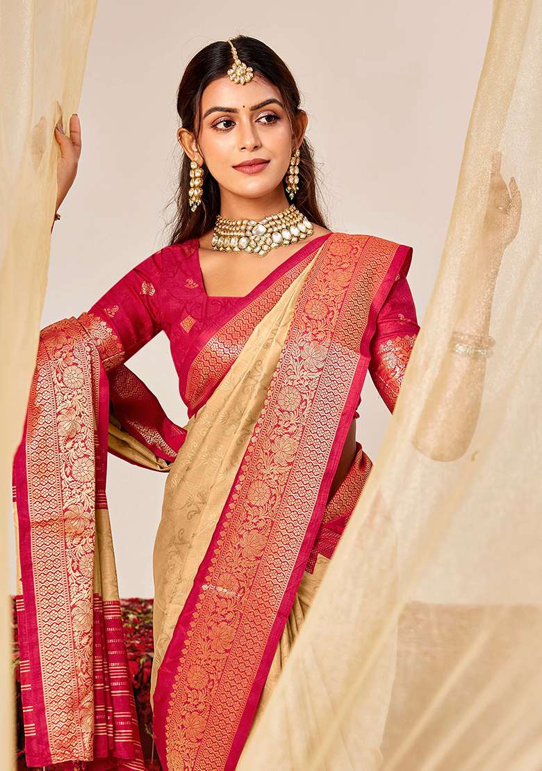 Beige Woven Silk Blend Saree Set for Diwali | Wedding & Festive Wear - Indya