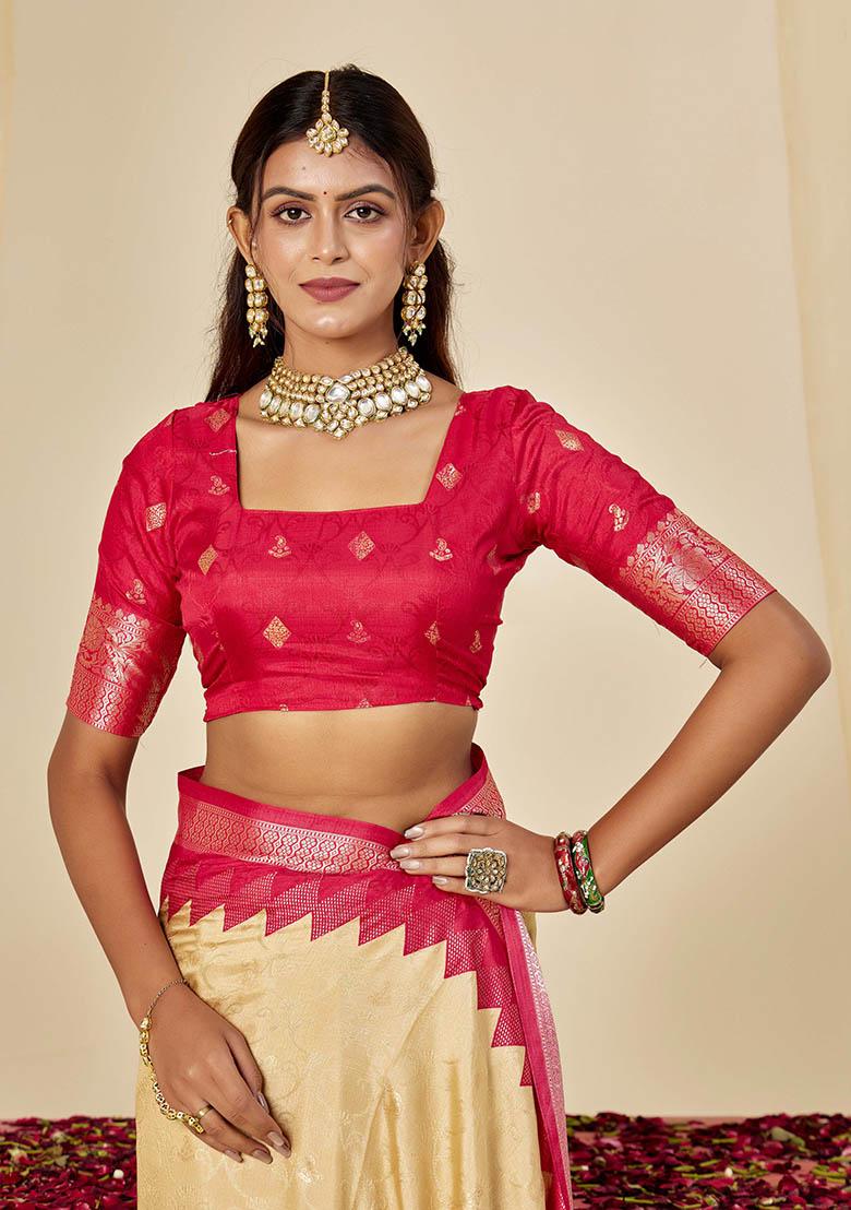 Beige Woven Silk Blend Saree Set - Indya