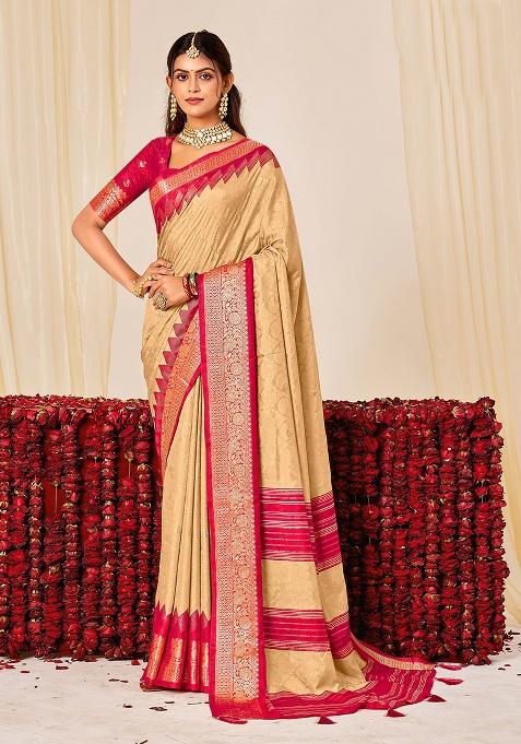 Beige Woven Silk Blend Saree Set